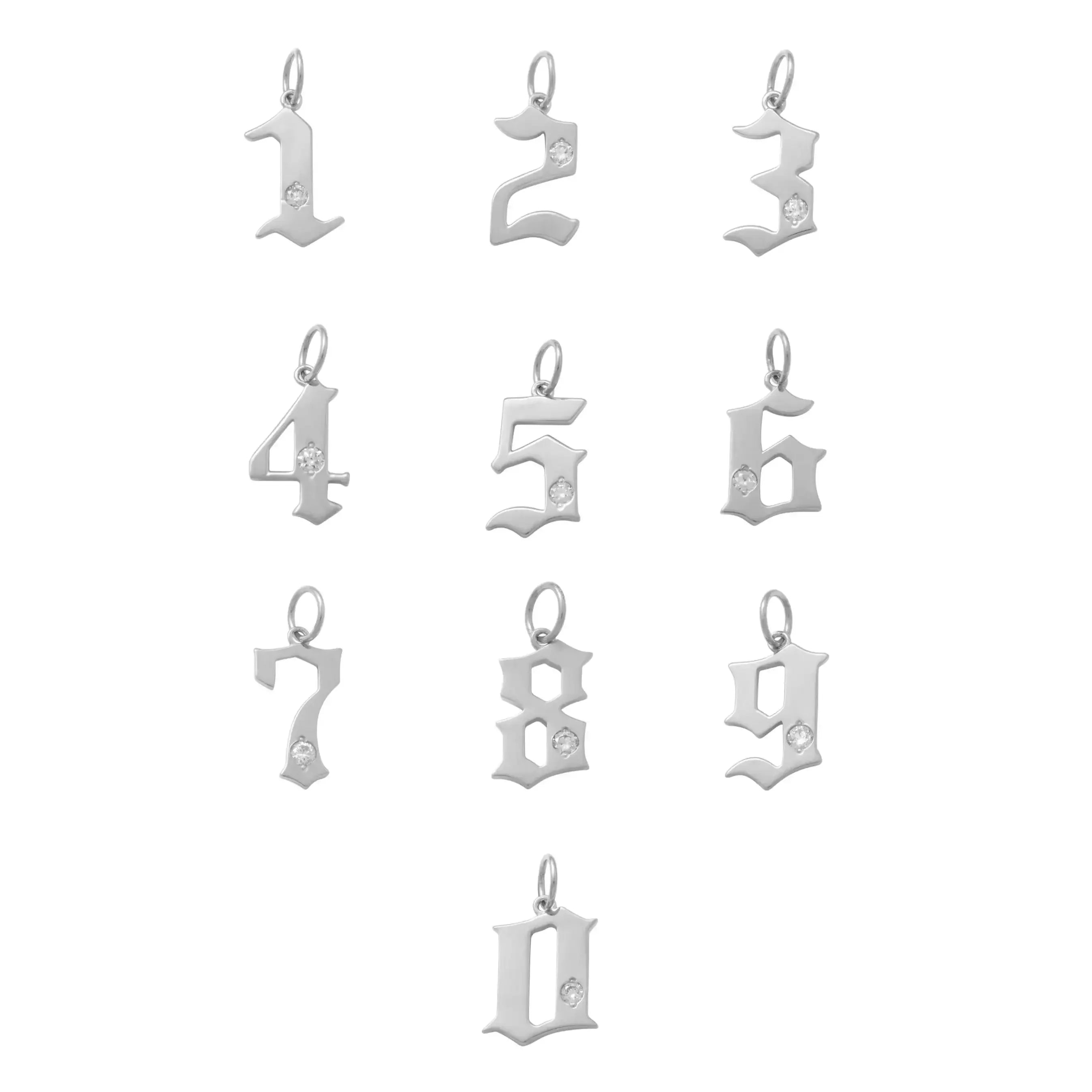 A set of silver letter-number charms from 1 to 10, arranged in a grid on a plain white background. Each charm features a polished gothic-style font letter with a small clear crystal inset near the bottom.