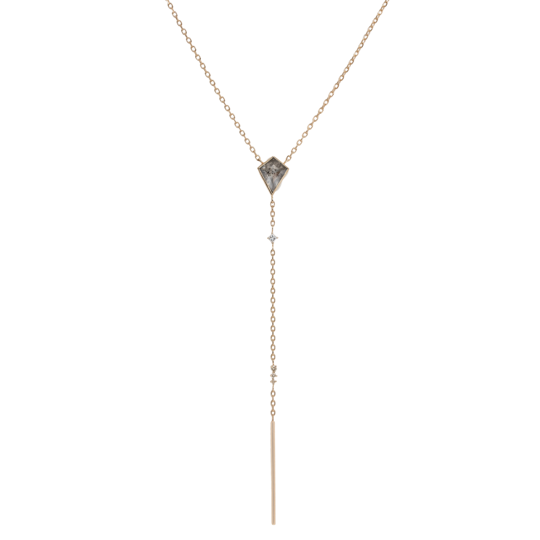 "14K solid yellow gold necklace with 6.5 cm dangling grey diamond pendant — grey diamond symbolizes balance, confidence, and dream manifestation; 45 cm chain adjustable at 42.5 and 40 cm.