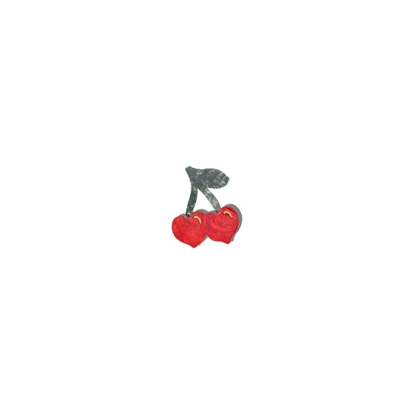 a red and green painted brooch in the form of heart shaped cherries on a white background