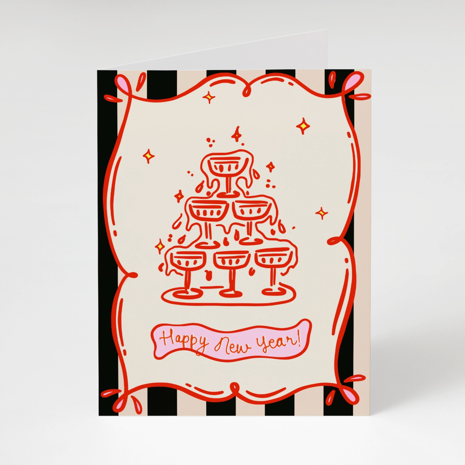 Black and white stripe greeting card with happy new year pink banner on white background