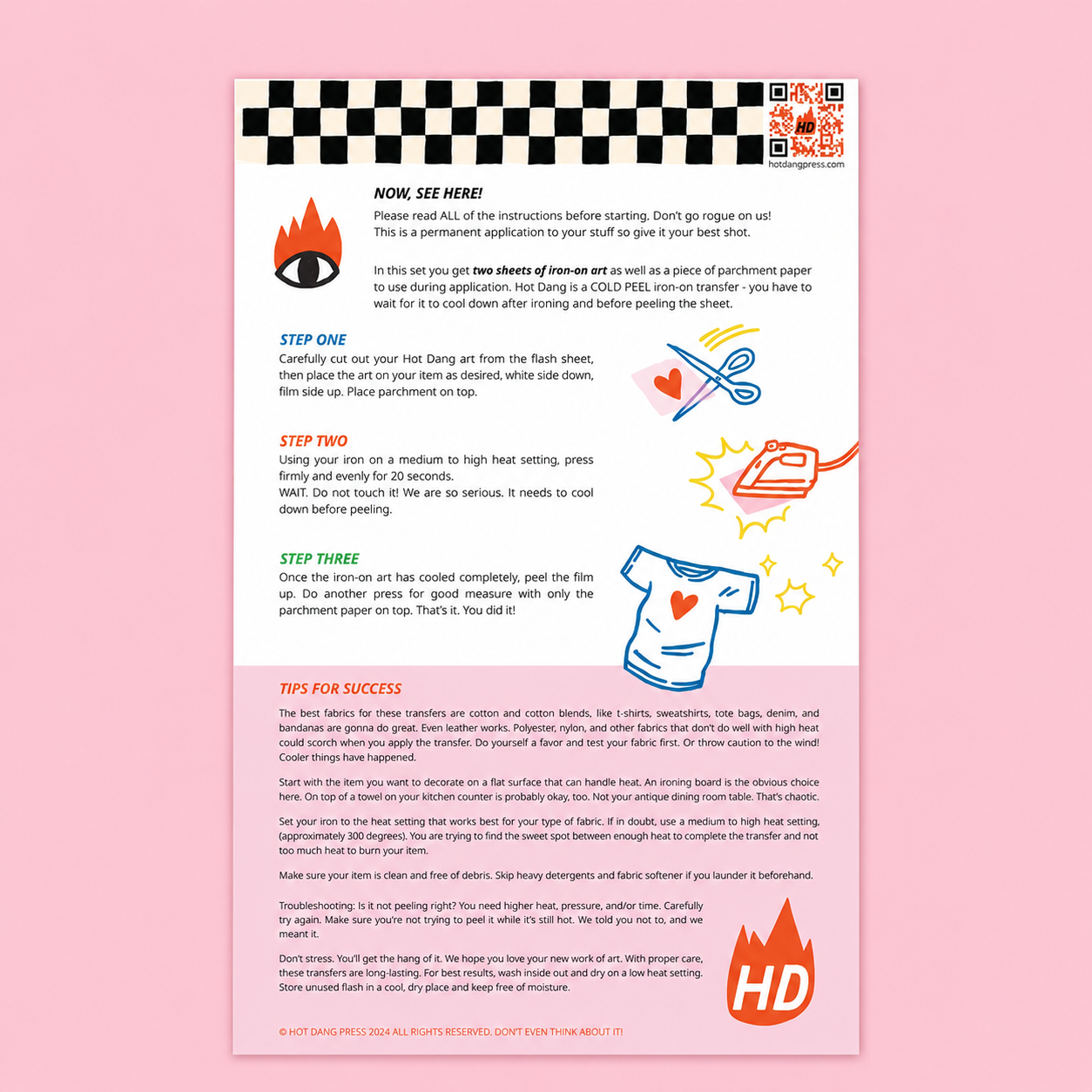An instructional guide sheet for 'Two Sheets of Pine Gong Paper' by Heng Sheng Press, displayed on a light pink background. The sheet features a black and white checkered pattern at the top, step-by-step instructions with illustrations of a fire dragon and pine cones, and a red 'HD' logo in the bottom right corner.