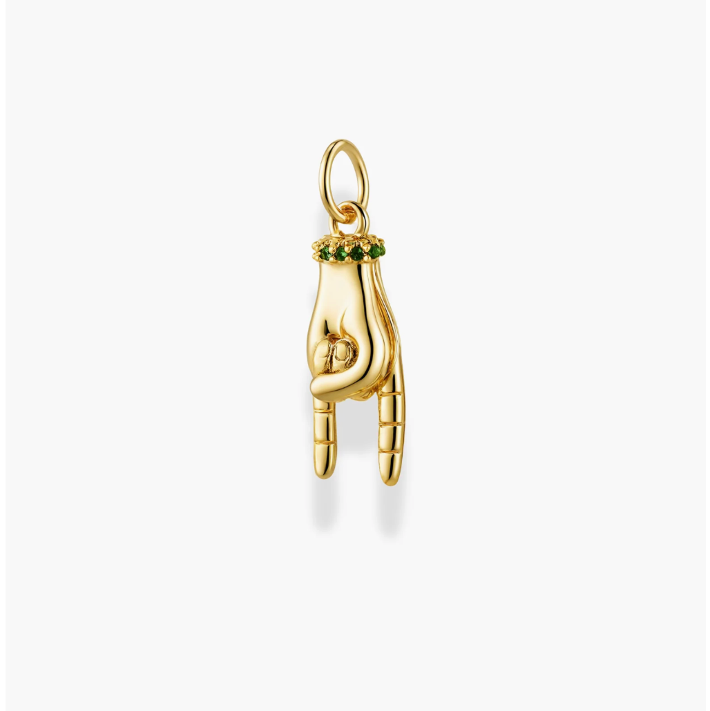 14k gold plated mano cornuto charm on white background