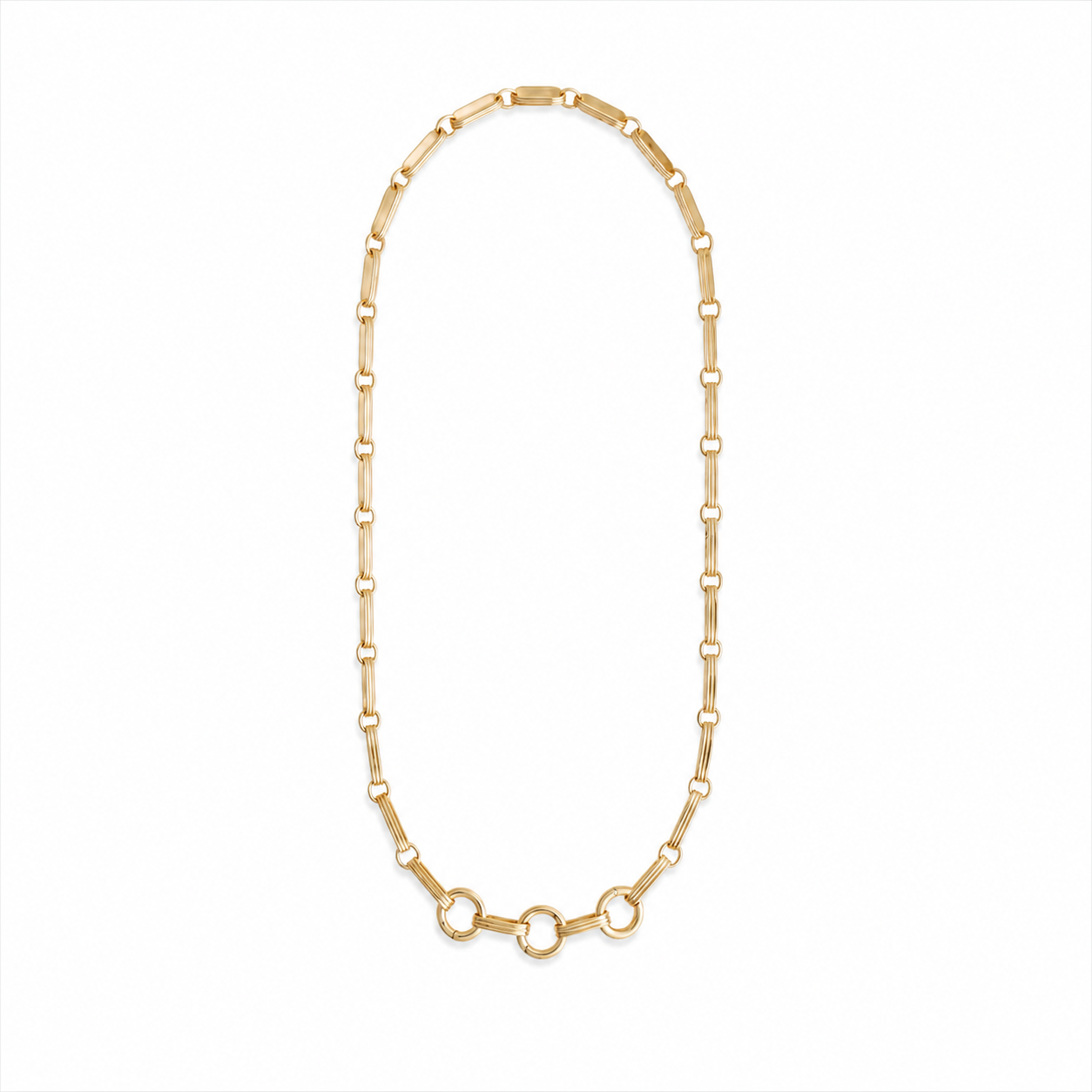 A gold chain necklace with a unique elongated oval link design and a small ring clasp, displayed on a clean white background.