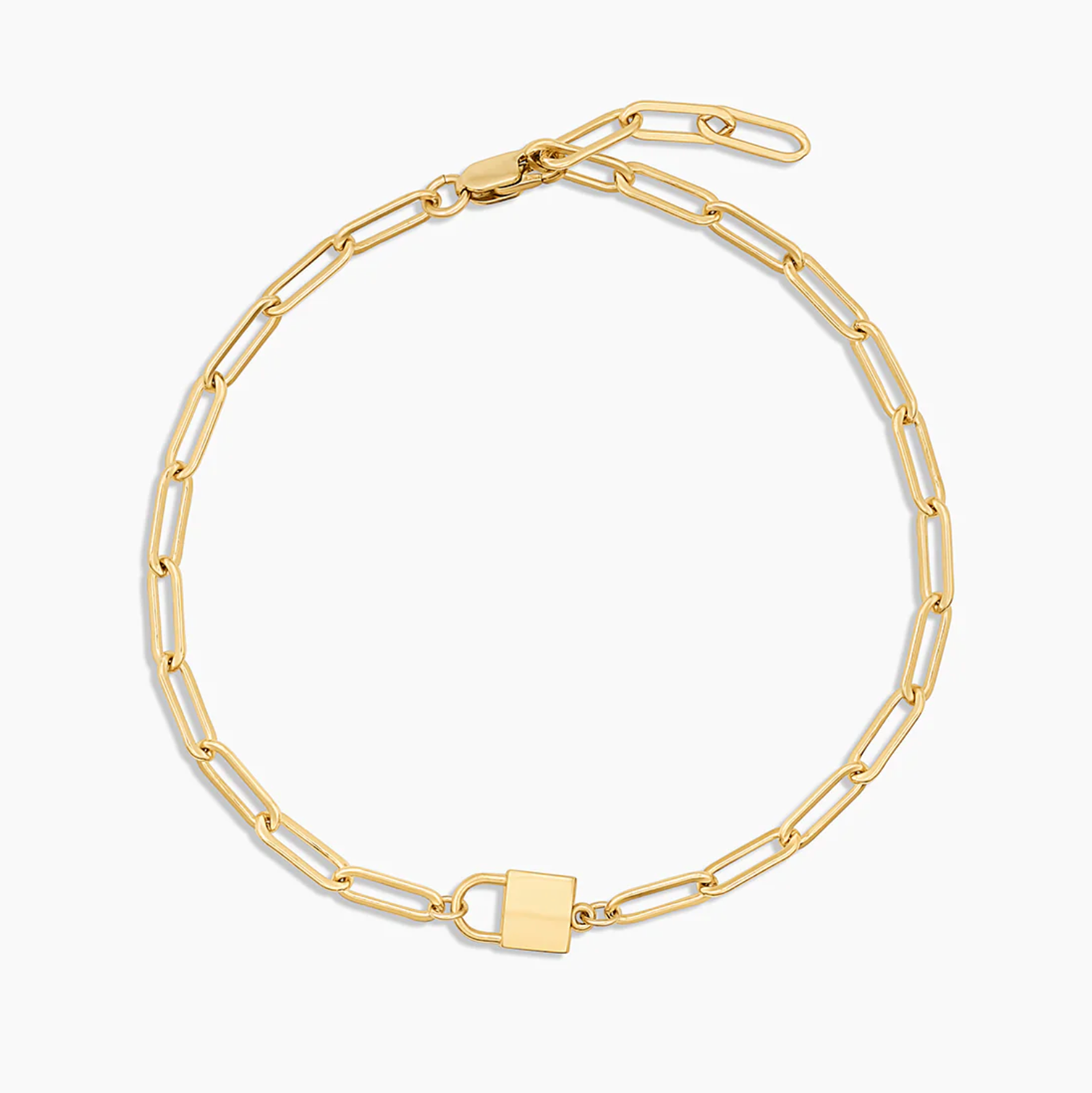 14k gold or rhodium plated paperclip chain bracelet with mini lock charm, 3.4mm links, adjustable up to 7.5 inches, charm measures 9x6x3mm.