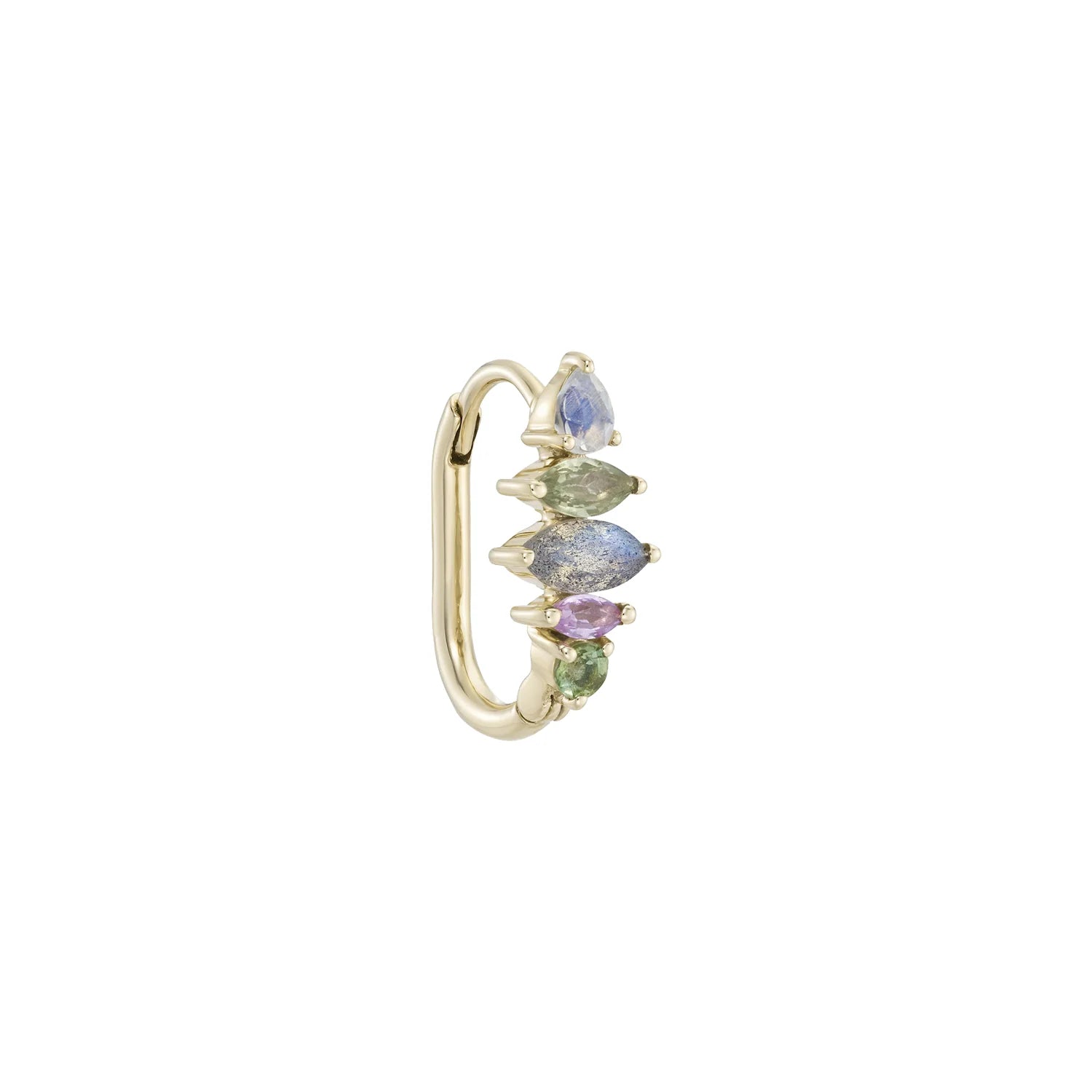 a gold huggie hoop earring with a latch back clsoure and five prong set gemstones of different colors over a white background