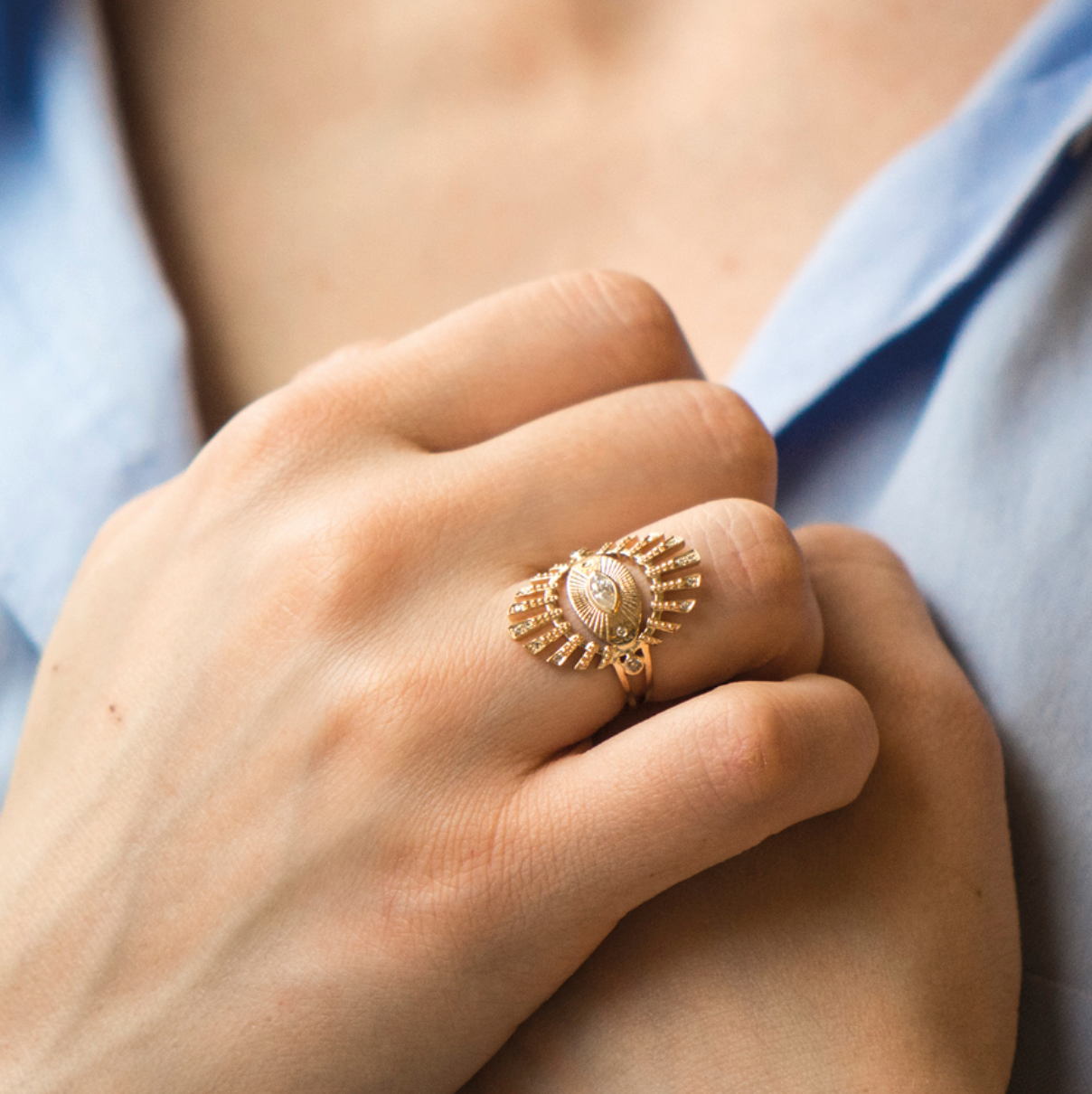 14K solid yellow gold Anja Eye ring with 0.22 ct diamonds and a 2 × 1.5 cm plate — inspired by the Hindu symbol of divine wisdom and universal truth; made-to-order sizes ship in 4–6 weeks, resizable up or down 2 sizes.