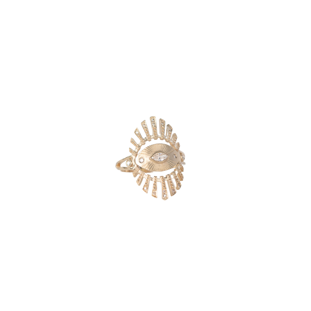 14K solid yellow gold Anja Eye ring with 0.22 ct diamonds and a 2 × 1.5 cm plate — inspired by the Hindu symbol of divine wisdom and universal truth; made-to-order sizes ship in 4–6 weeks, resizable up or down 2 sizes.