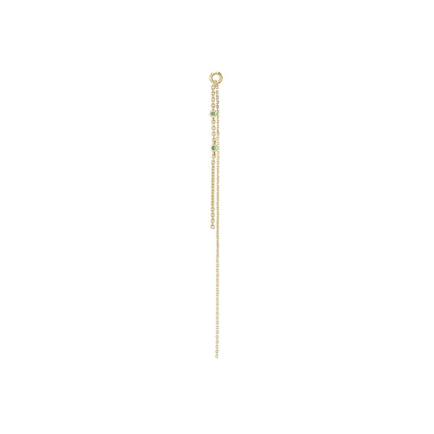 a chain charm with two lengths of gold chain and two bezel set emeralds over a white background