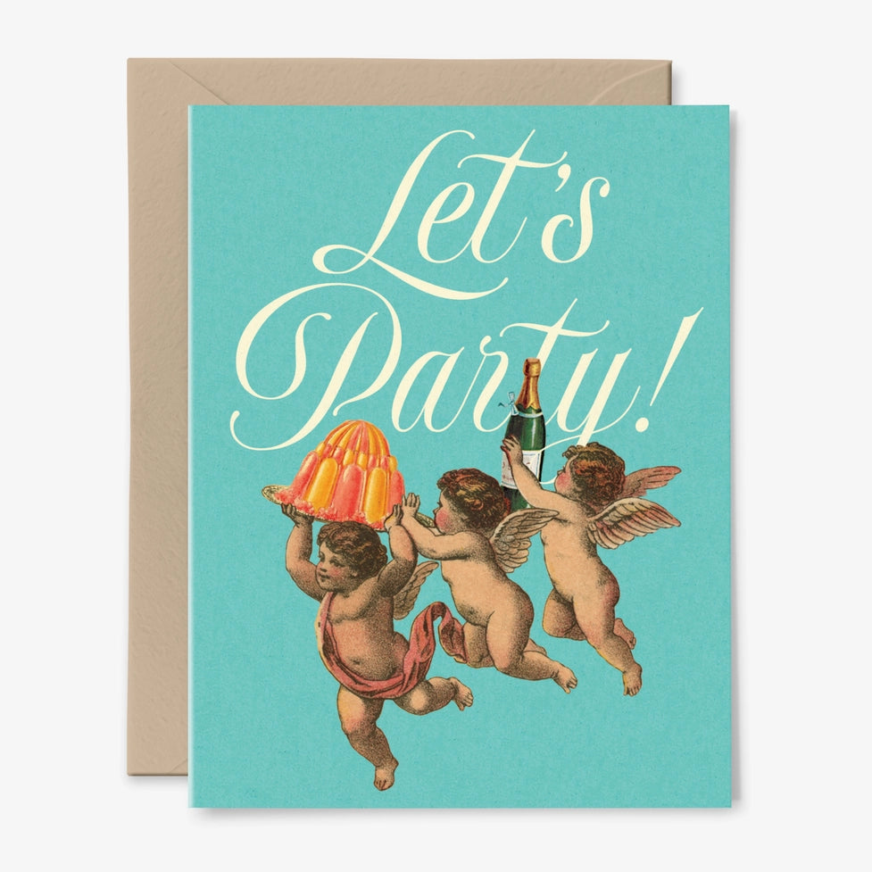 Greeting card with cherubs and 'Let's Party!' text on a turquoise background
