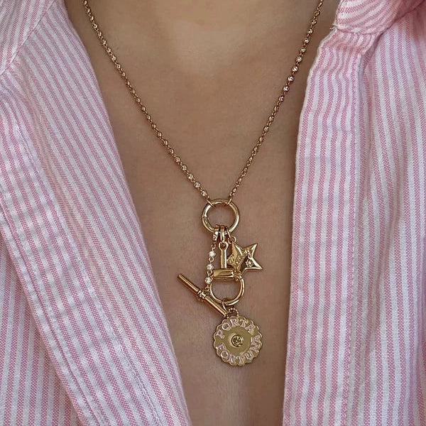 a person wearing a gold chain with a charm connector holding several gold charms and a pink shirt