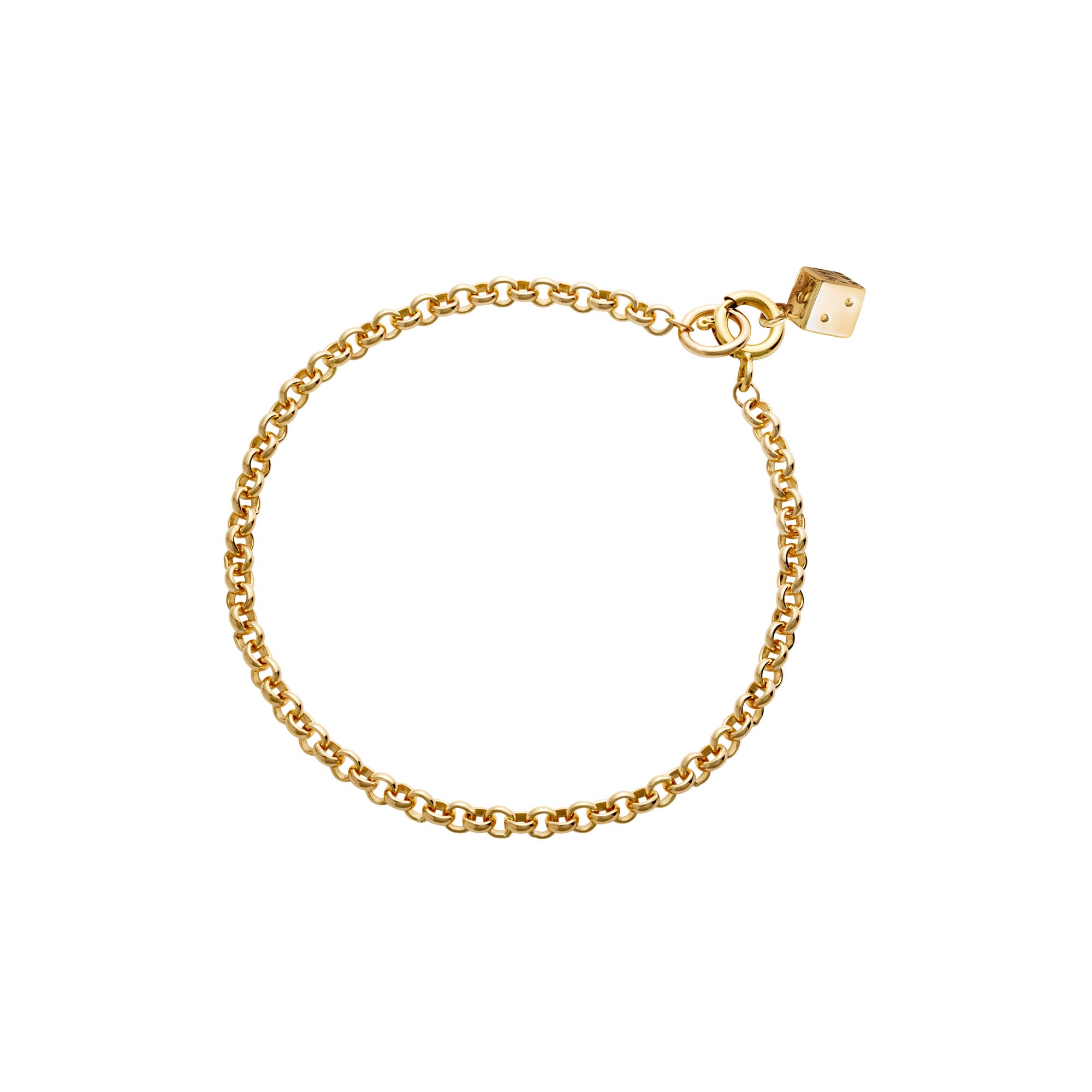 Gold chain bracelet with dice charm on a white background