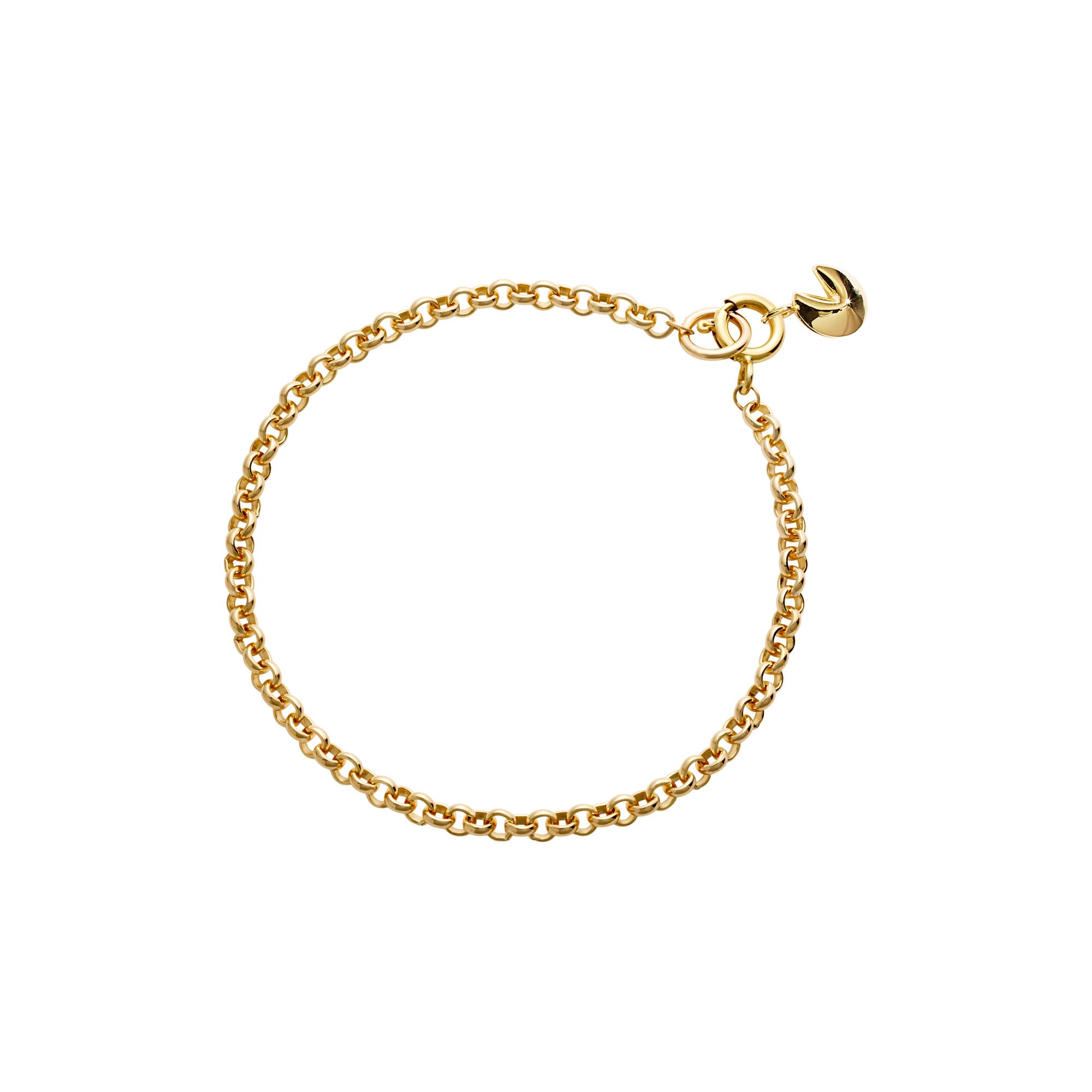 Gold chain bracelet with a fortune cookie on a white background