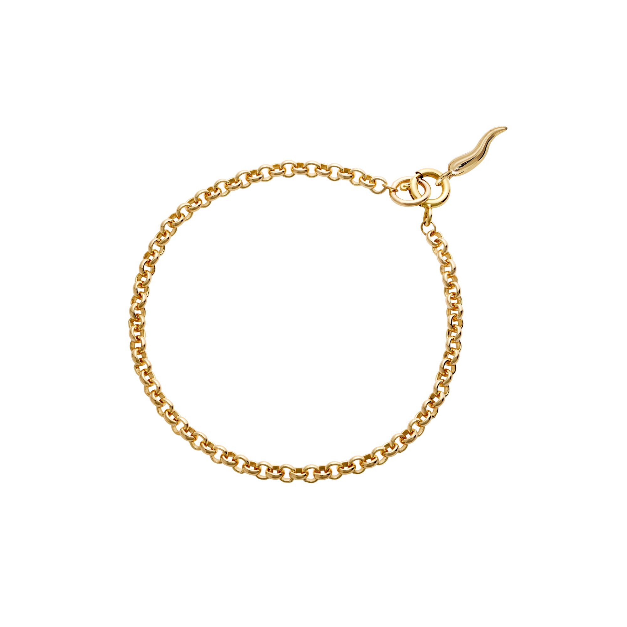 Gold chain bracelet with italian horn on a white background