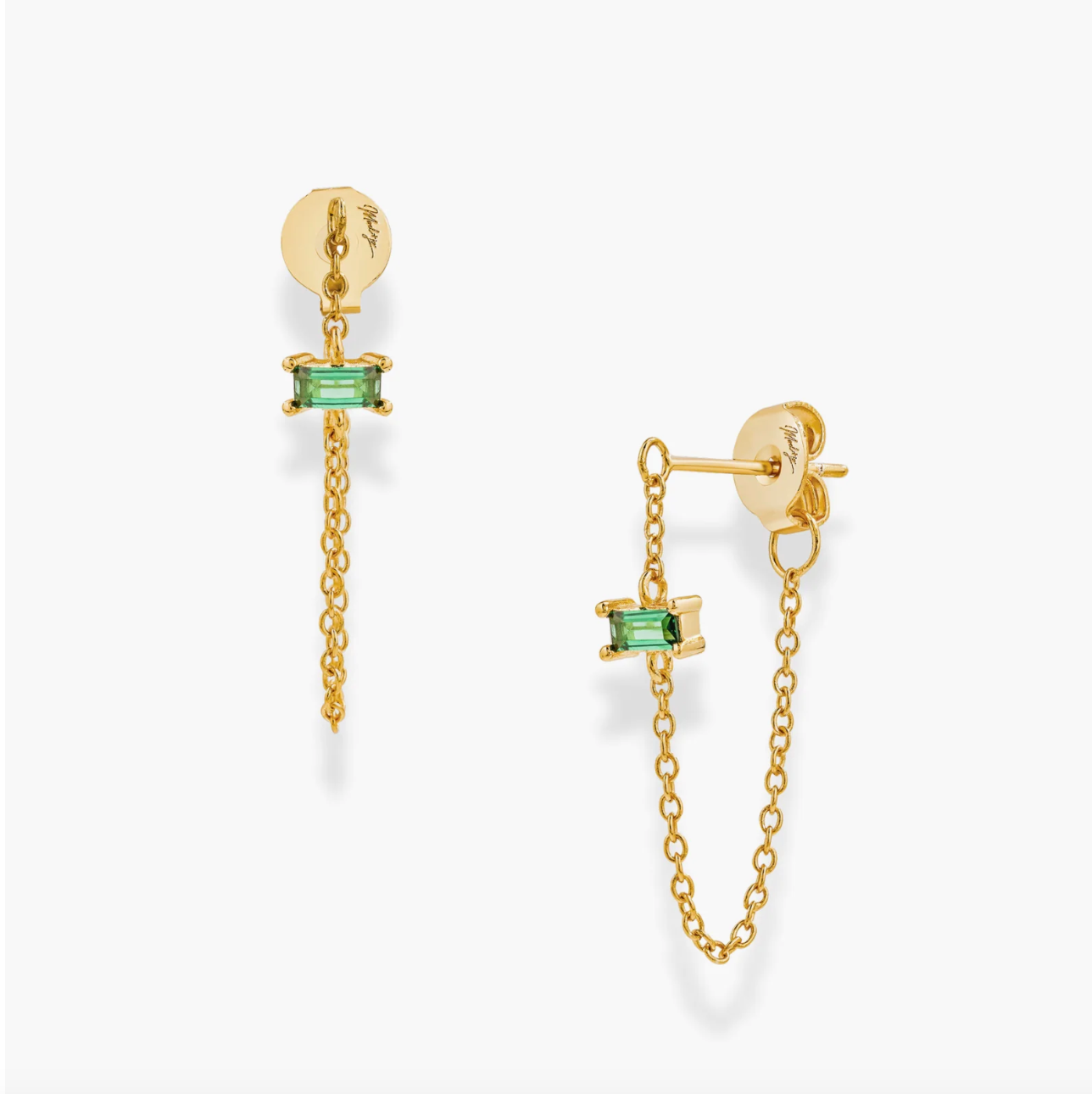 Emerald chain studs gold plate on white background