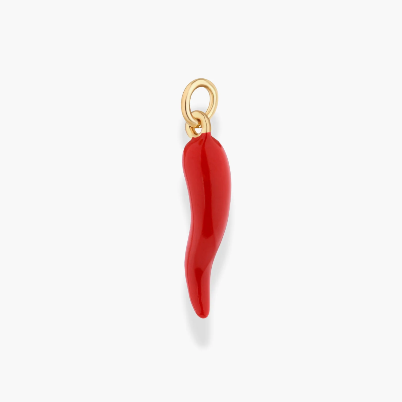 Red chili pepper-shaped pendant with gold chain on a white background