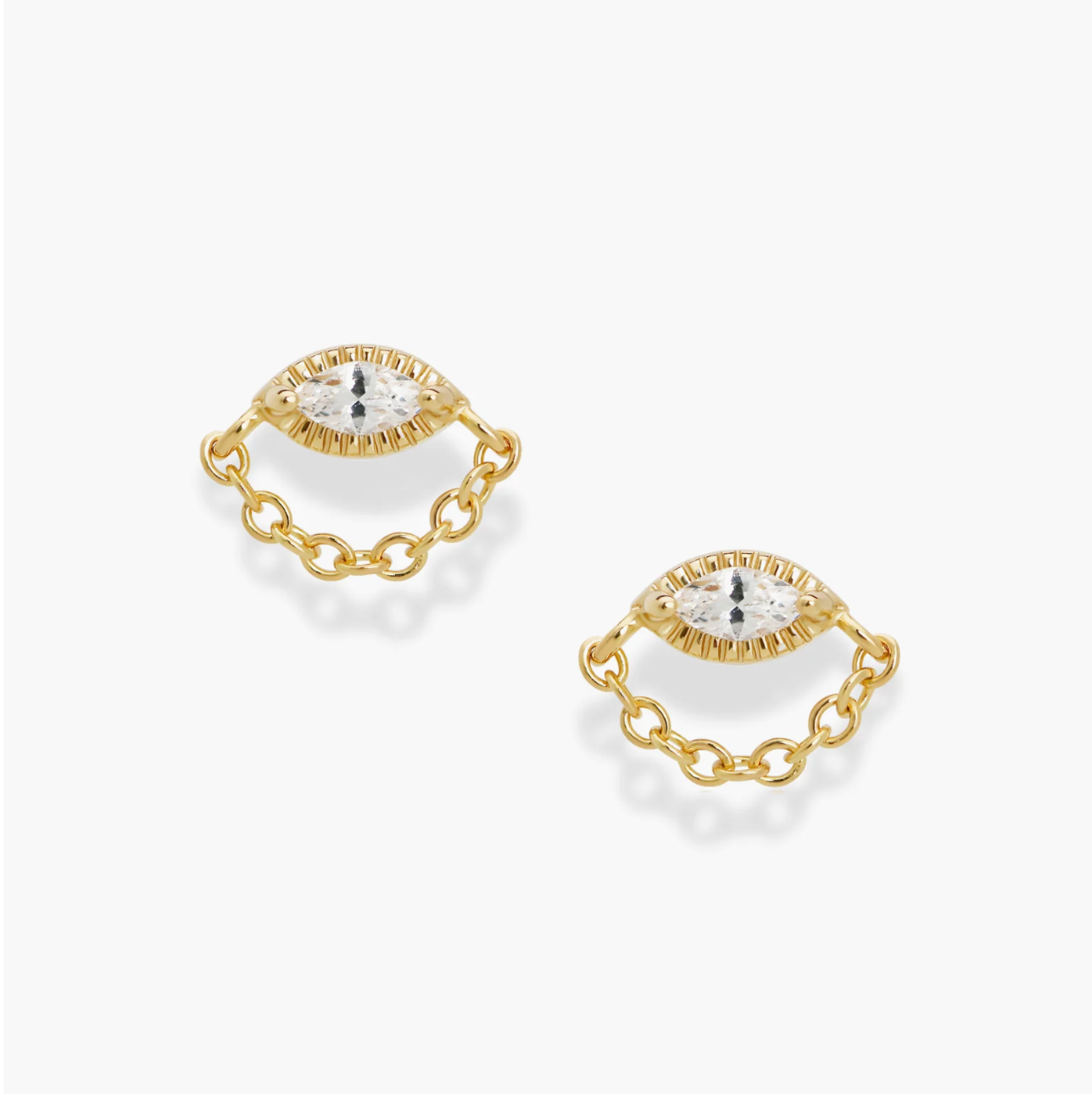 Gold plate chain earrings with clear gemstones on a white background