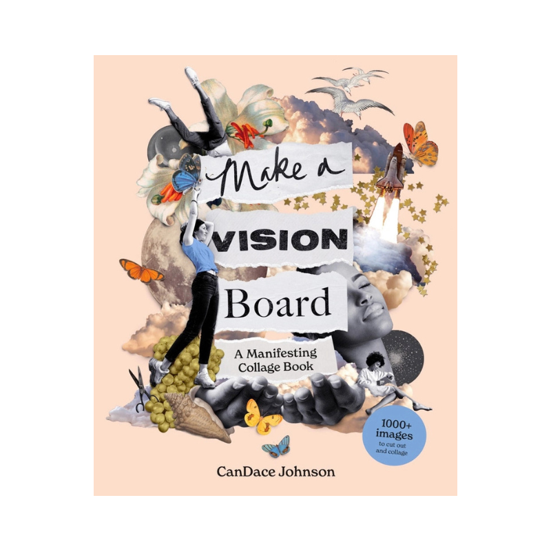 a peach colored book cover with whimsical visuals and text reading make a vision board on a white background