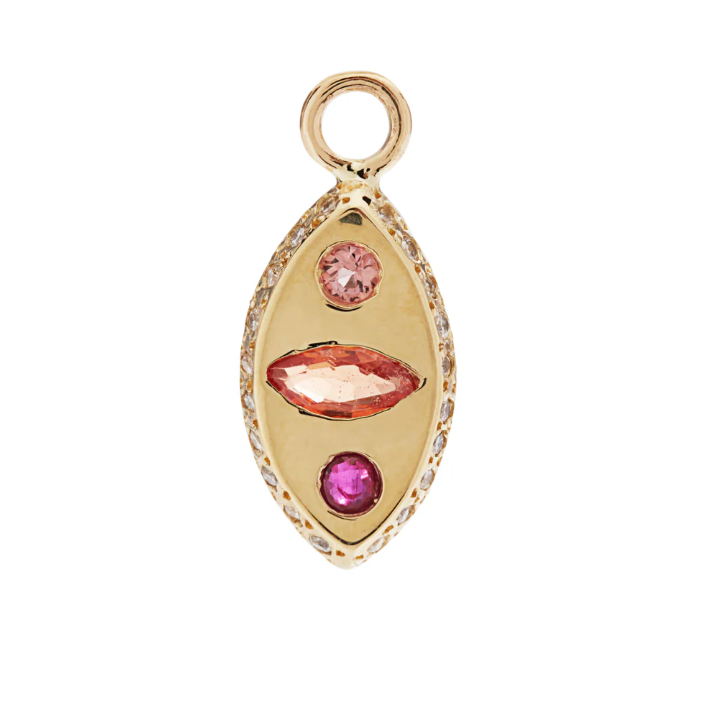 14k Gold pendant with pink sapphire gemstones on a white background