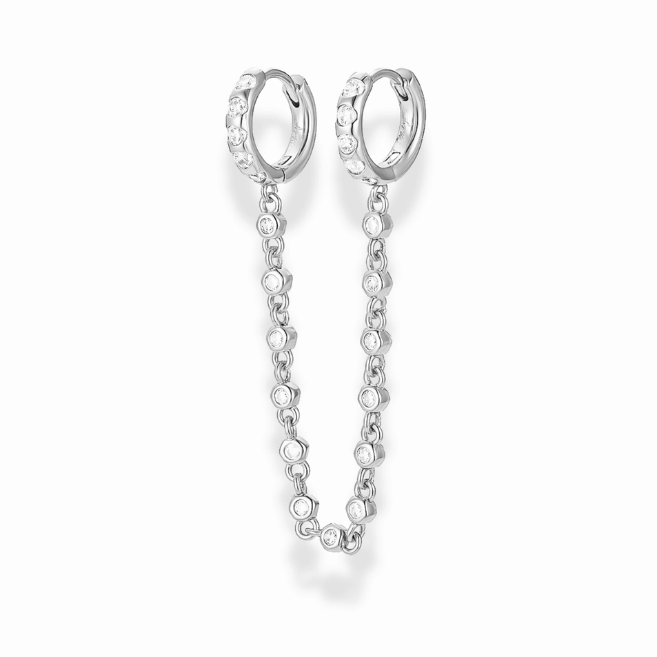 double hoop chain earring in silver with white gemstone accents and a white background