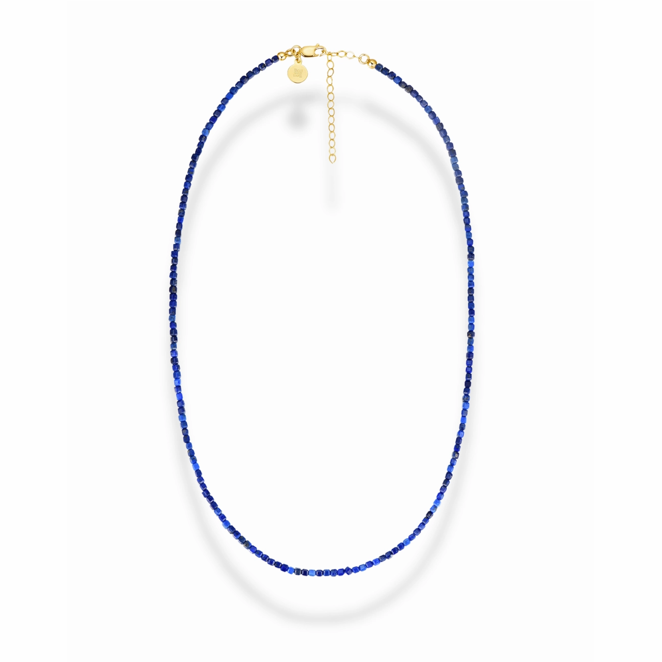 Blue beaded necklace with a gold clasp on a white background