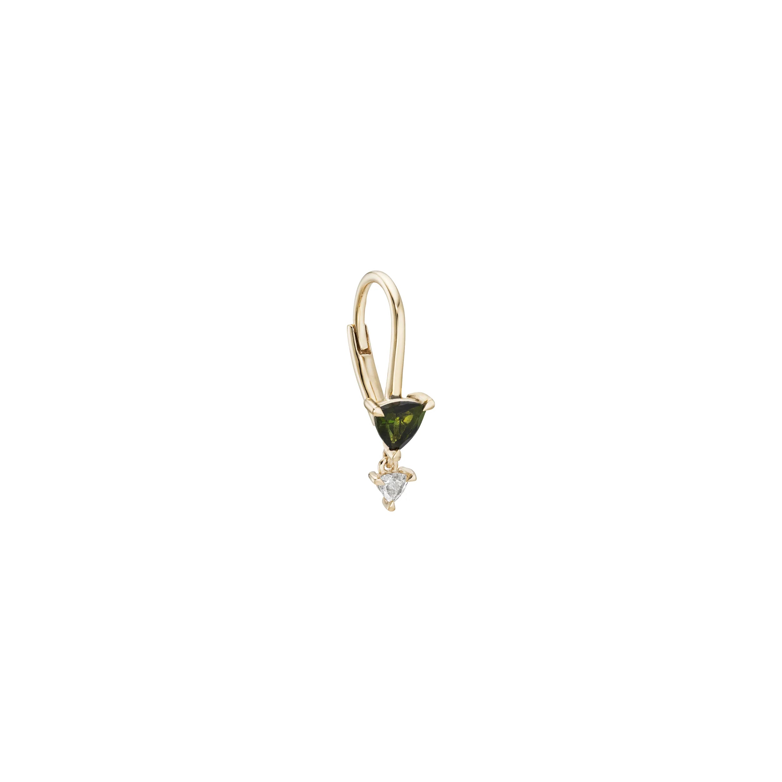 a gold earring with a latch back closure, a trillion cut green tourmaline, and a rose cut diamond drop over a white background