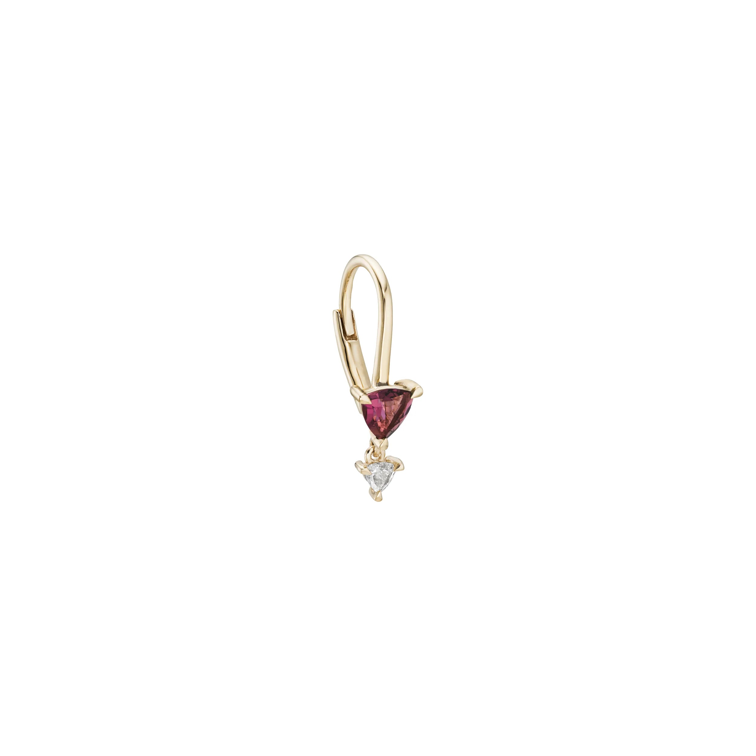 a gold earring with a latch back closure, a trillion cut pink tourmaline, and a rose cut diamond drop over a white background