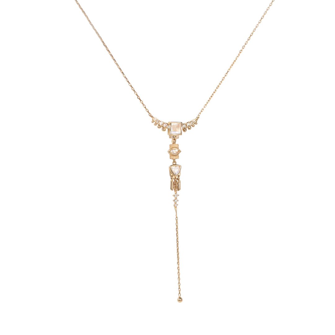 14K solid yellow gold Totem necklace with 7 cm dangling pendant, featuring 0.11 ct diamonds and 0.57 ct moonstone — a protective talisman symbolizing strength and spirituality, 42 cm chain adjustable at 40 and 38 cm