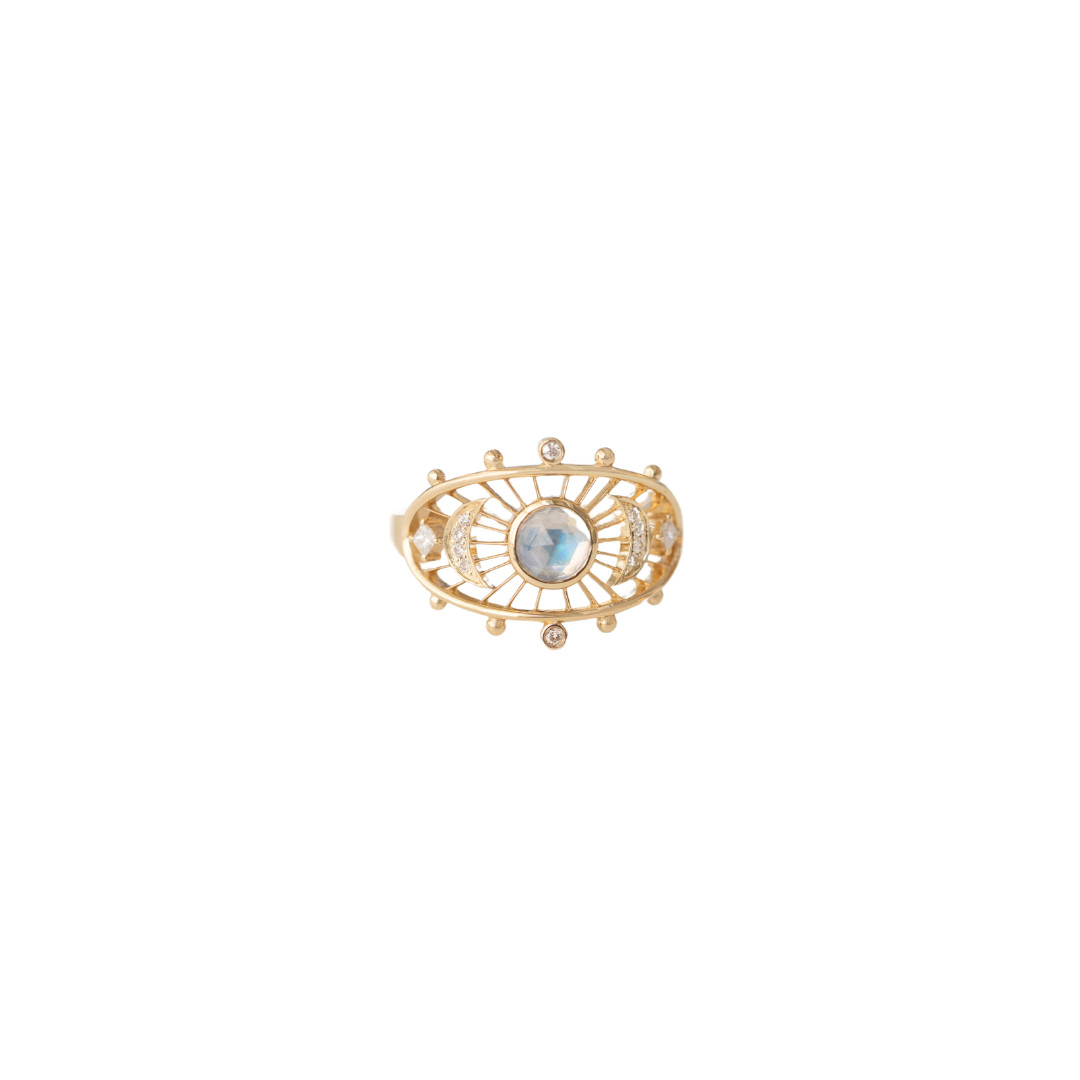 "14K solid yellow gold ring with 0.5 × 0.5 cm moonstone and 0.09 ct diamonds — moonstone enhances divine feminine energy, emotional balance, and inner growth; made-to-order sizes ship in 4–6 weeks, resizable up or down 2 sizes.