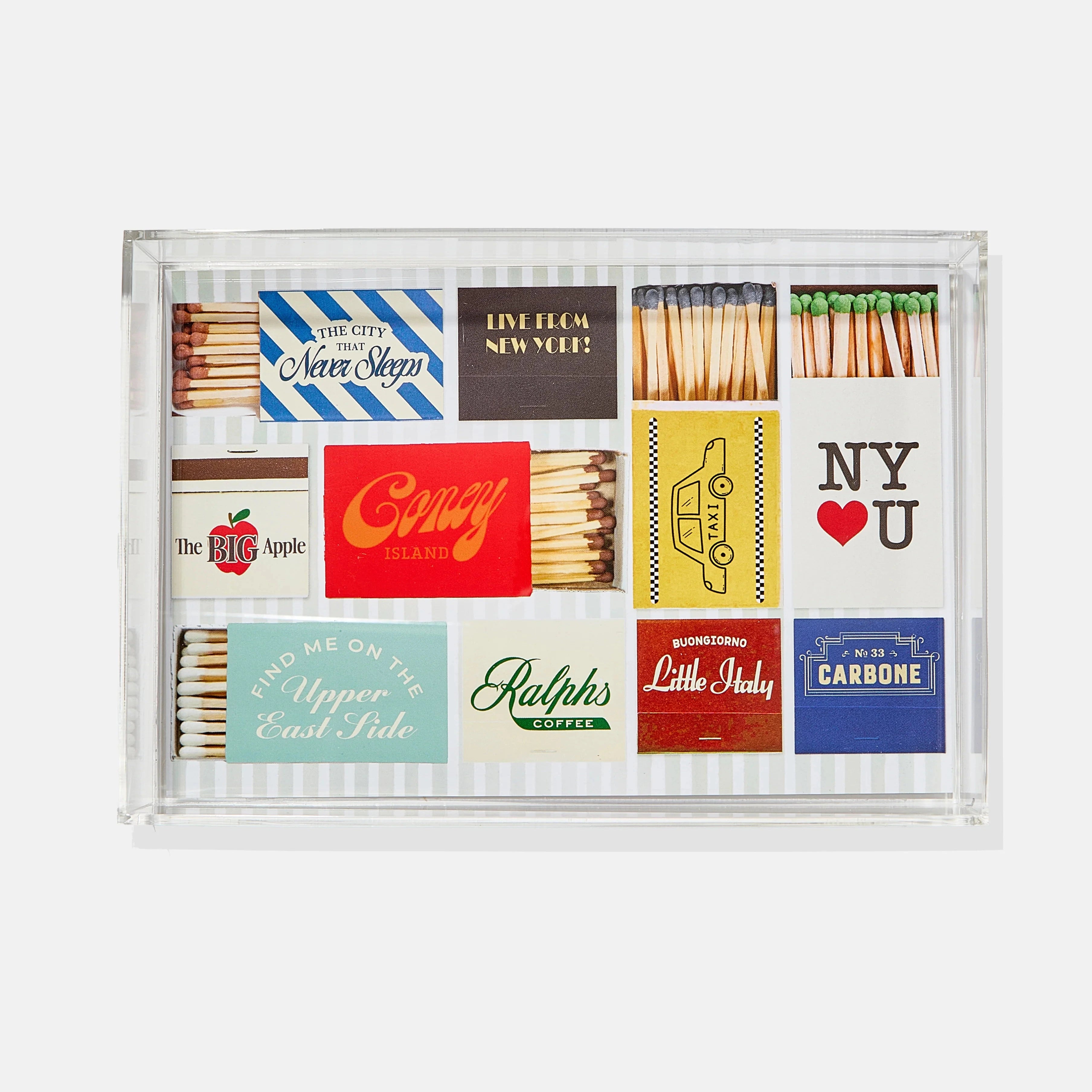 Collection of matchbooks with various designs and text in a clear display case.