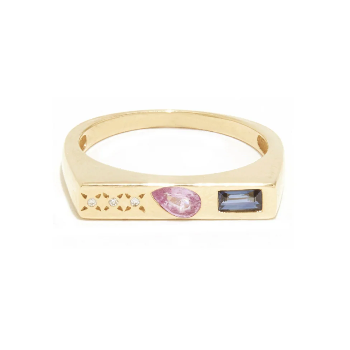 10k Gold ring with pink and blue gemstones on a white background