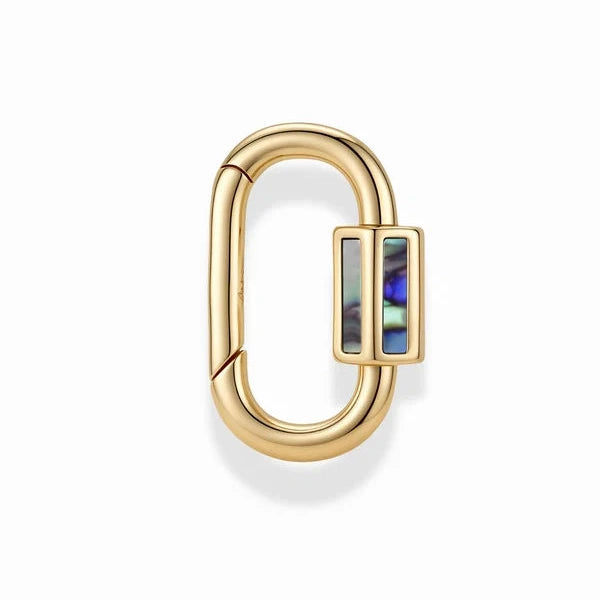 a gold carabiner style charm connector with abalone inlayed accents on a white background with a soft drop shadow