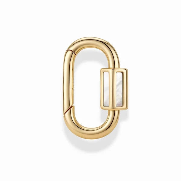 A gold-toned metal carabiner-style ring with a rectangular inset featuring a white inlay, shown on a clean white background.