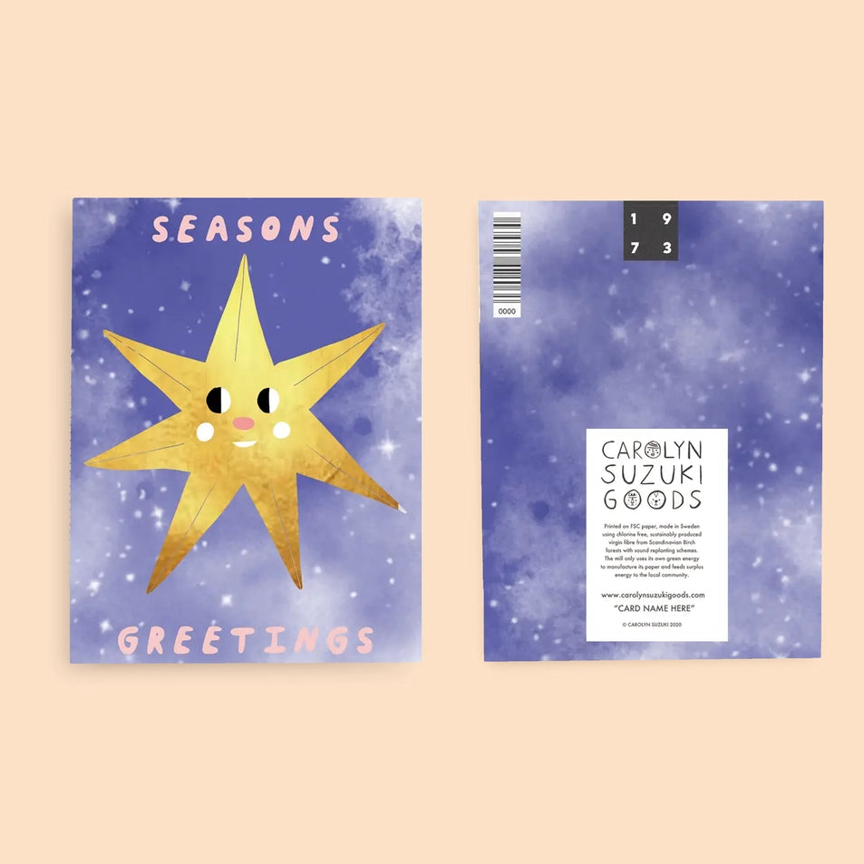 front and back of a greeting card with a blue background with white snow-like accents and a large illustration of a gold star with a face and text reading seasons greetings