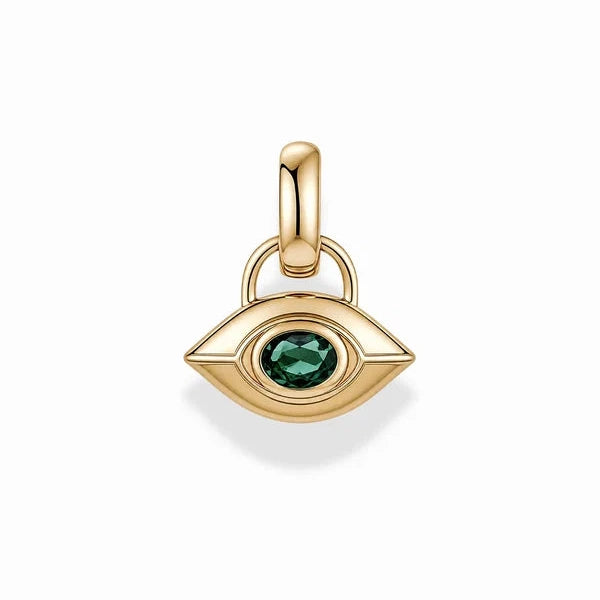 A gold evil eye pendant charm featuring a faceted green gemstone in the center, shown on a clean white background with a soft shadow.