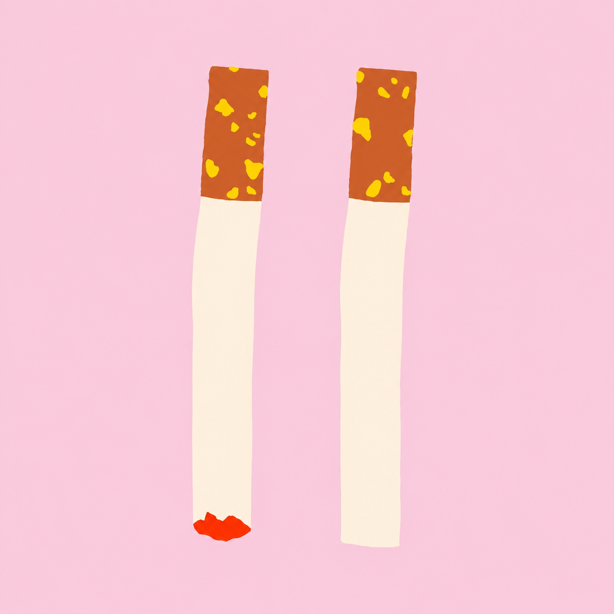 A stylized illustration of cigarettes with brown speckled tops on a solid pink background.