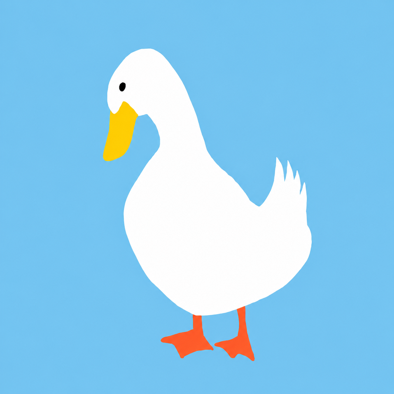 A minimalist vector illustration of a white duck with a yellow beak and orange webbed feet, set against a solid light blue background.