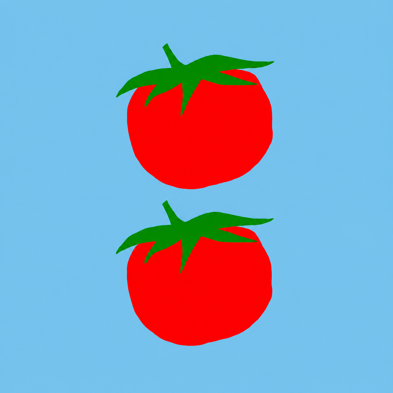 A simple graphic illustration of two red tomatoes with green leafy tops on a light blue background.