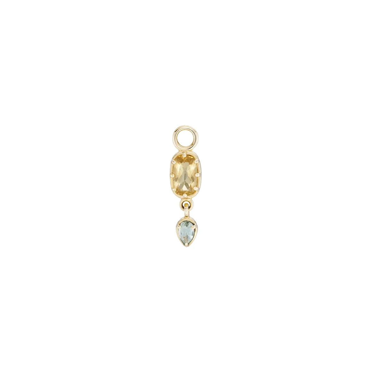 a gold charm with a bezel set citrine, a green beryl drop, and a gold jumpring over a white background