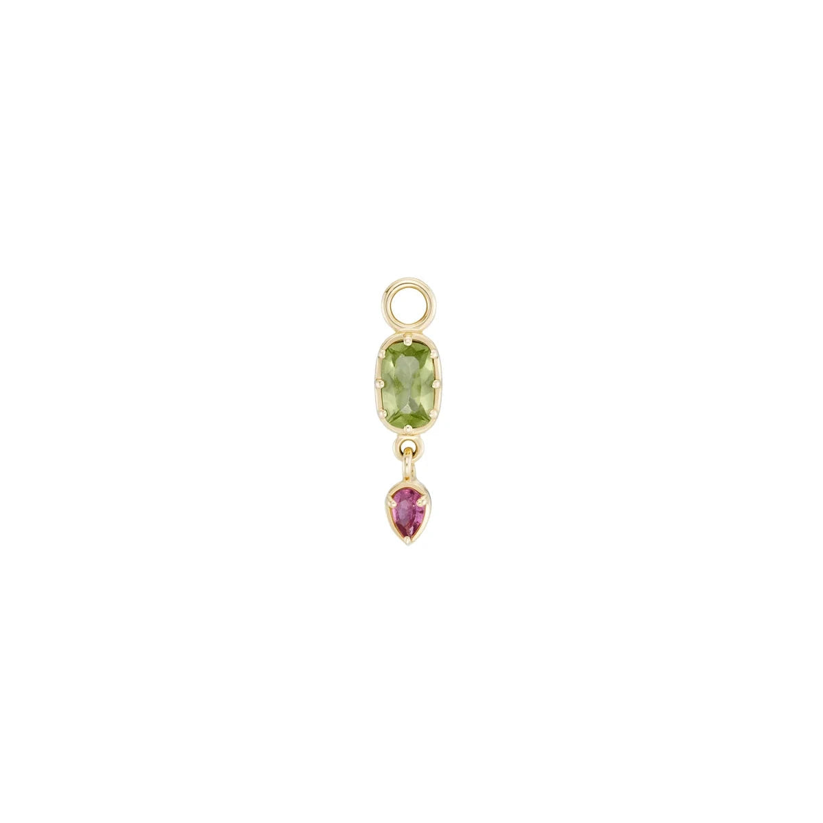 a gold charm with a bezel set peridot and a pink tourmaline drop with a gold jumpring over a white background