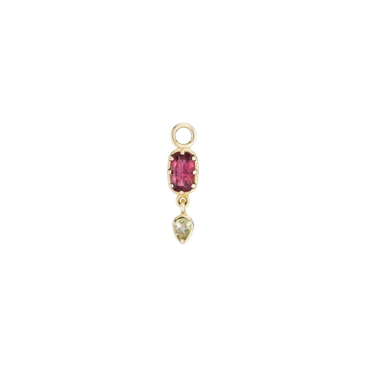 a gold charm with a bezel set dark pink tourmaline, a lemon quartz drop, and a gold jumpring over a white background