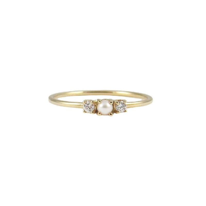 14K Yellow Gold Pearl Ring Accented with Diamonds