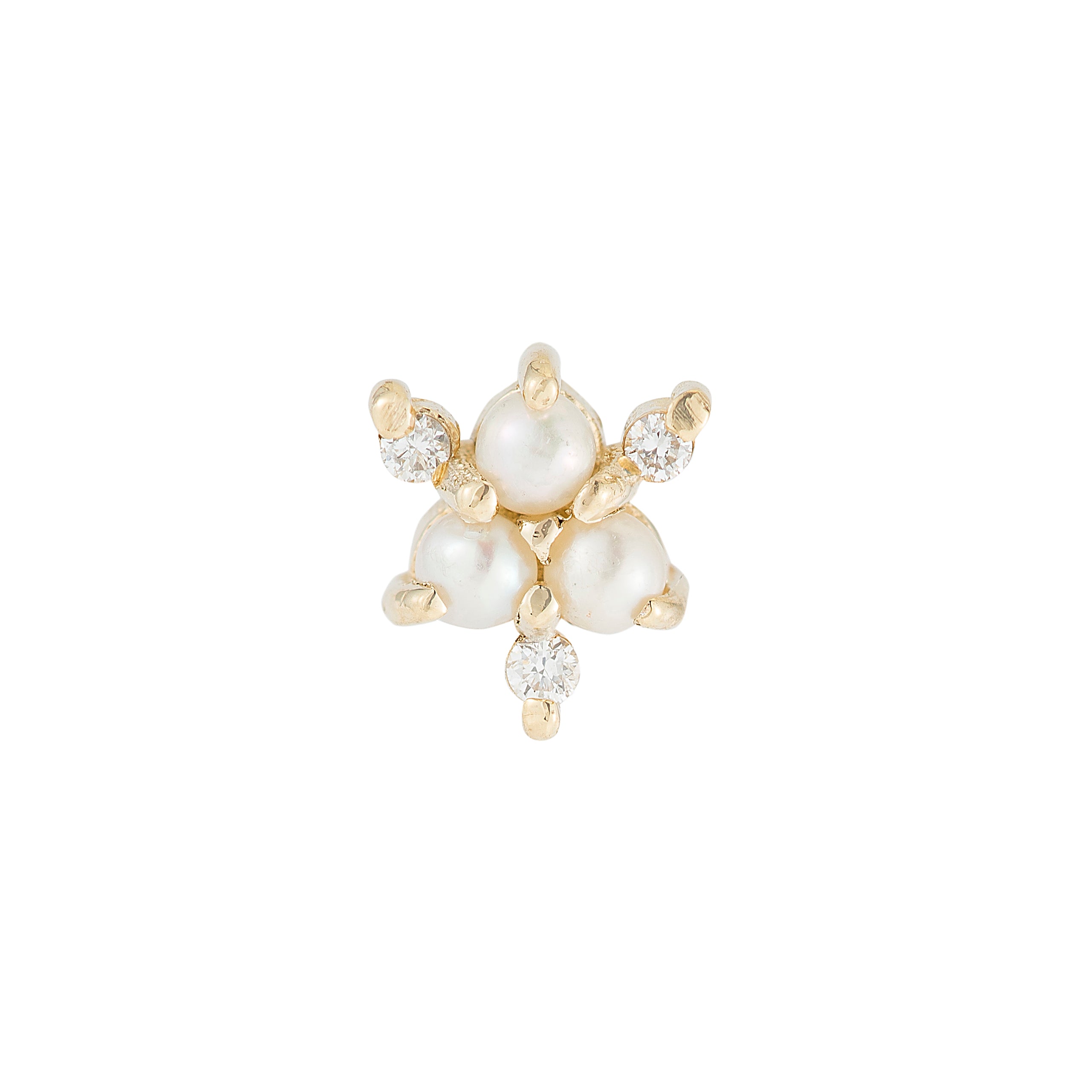 Snowflake Shape Earring made of 14K Yellow Gold, Pearls and Diamonds.