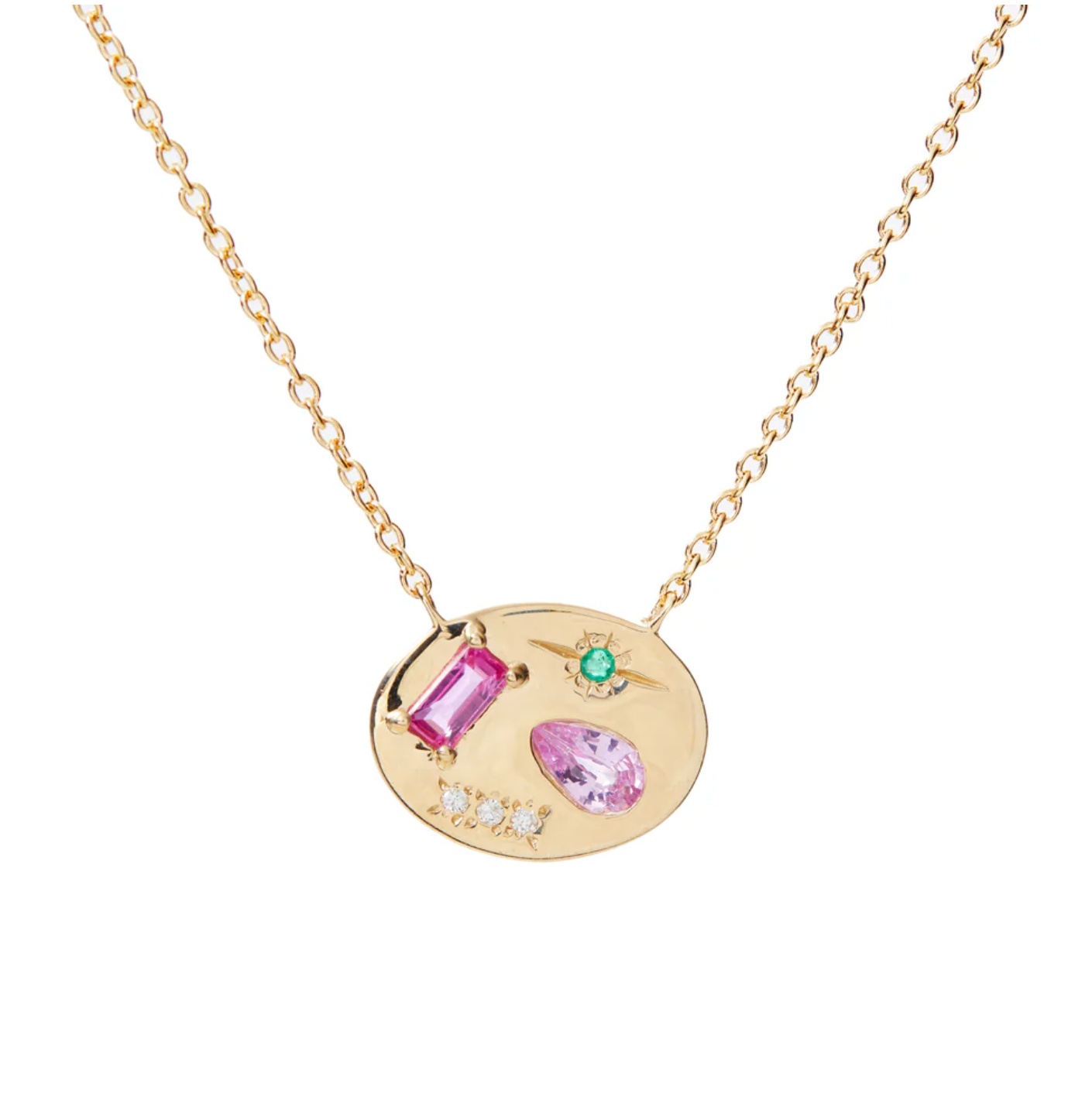 10k Gold necklace with a round pendant featuring pink and green gemstones and diamonds on a white background