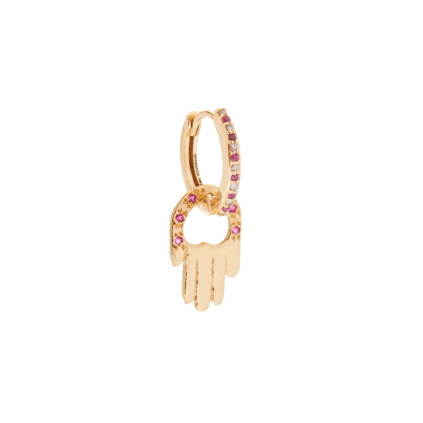 14k Gold hoop earrings with pink ruby hamsa hand on a white background
