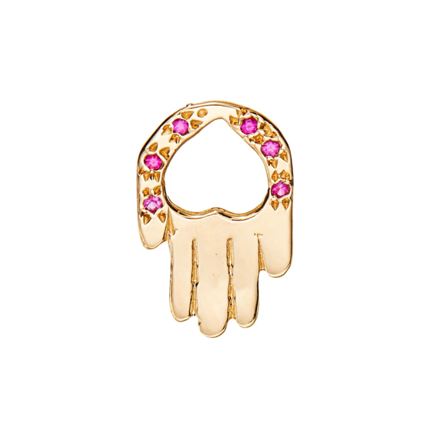 14k Gold charm shaped like a hamsa hand with pink rubies on a white background