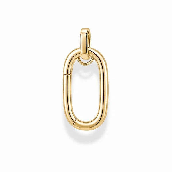 A polished gold oval link pendant with a small top loop, shown on a clean white background with a soft drop shadow.