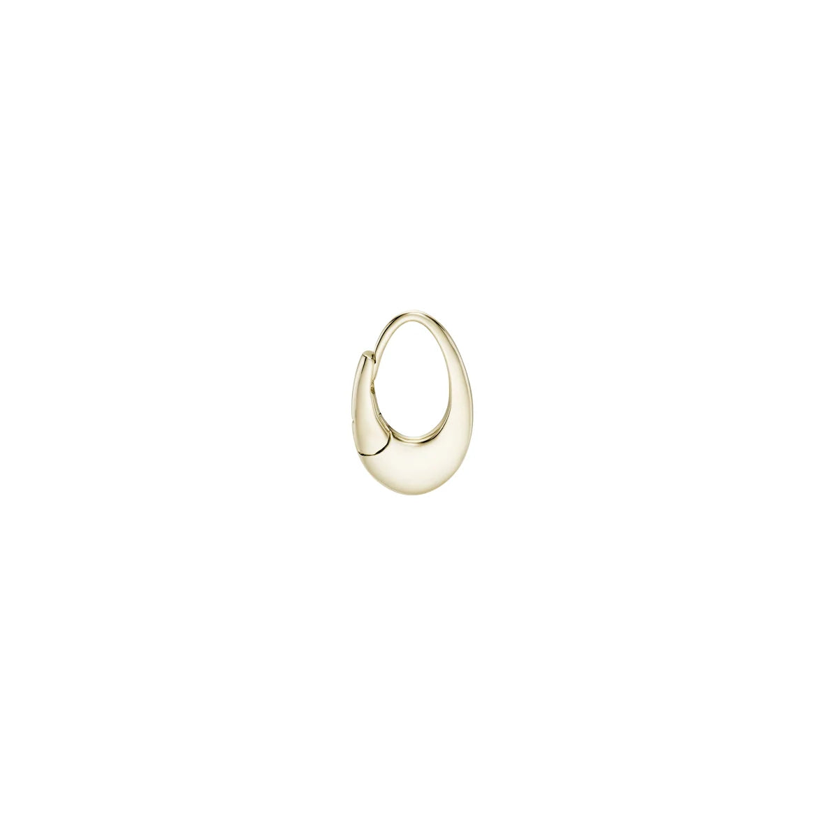 a sculptural gold hoop earring in the shape of an oval with a clicker back closure over a white background