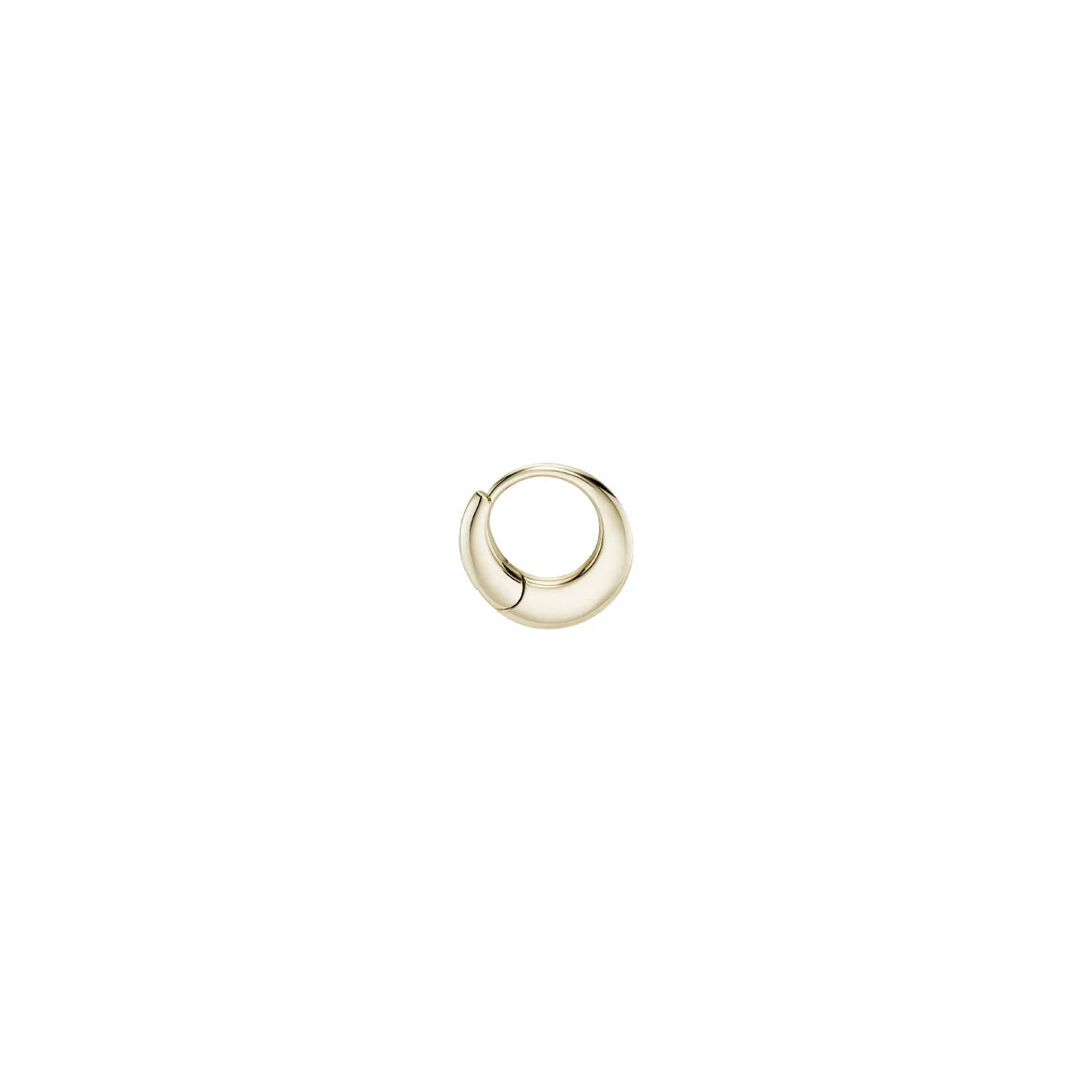 a sculptural gold hoop earring with a clicker closure over a white background