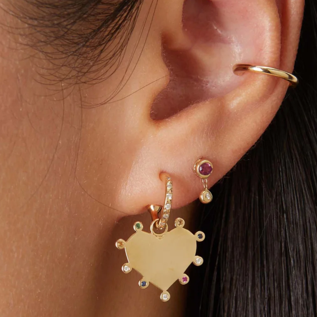 Scosha 10k Gold Heart Pendant with gemstones on ear