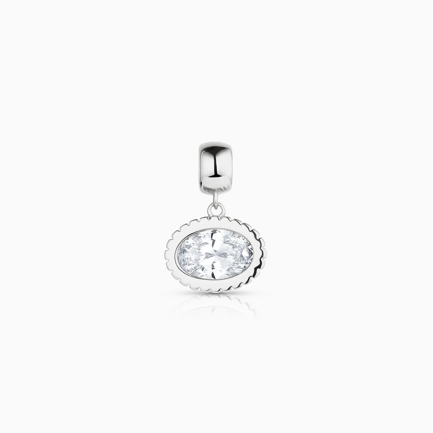 Silver pendant with a clear gemstone on a white background